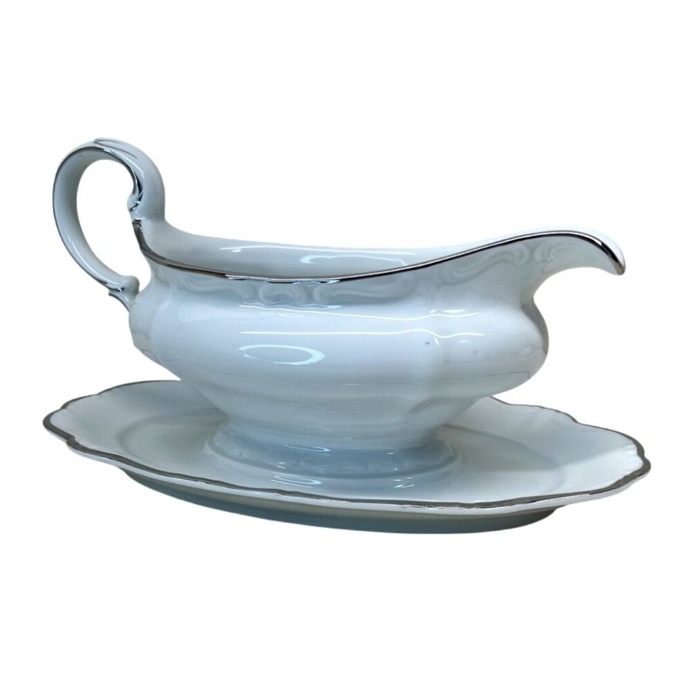 Johann Haviland Platinum Baroque White Gravy Boat with Attached Underplate